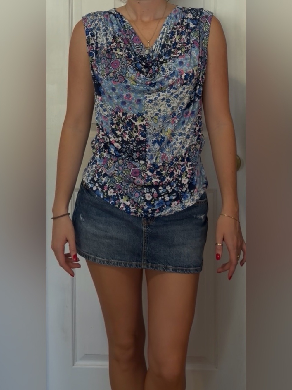 Floral Cowl Neck Top in Blue & Pink Like New